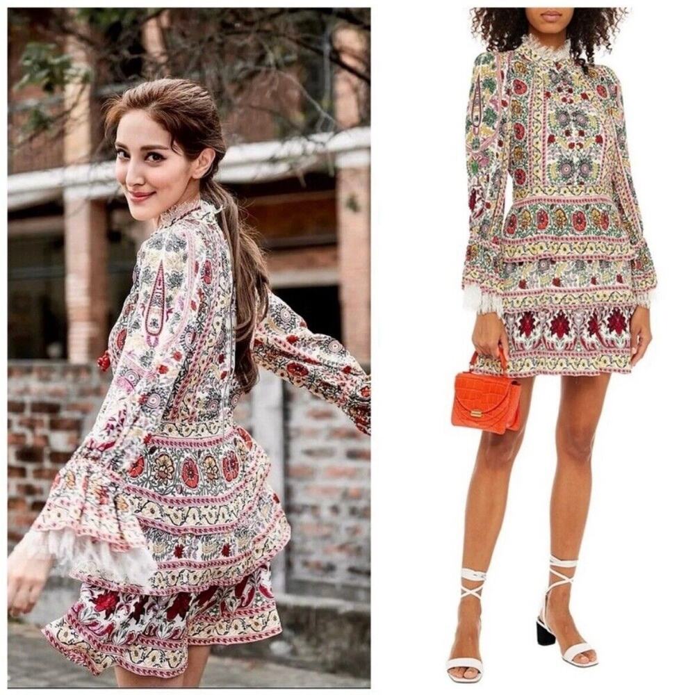 ALICE + OLIVIA Lawson Floral Paisley Boho Mock Neck Lace Mini Dress Size 0